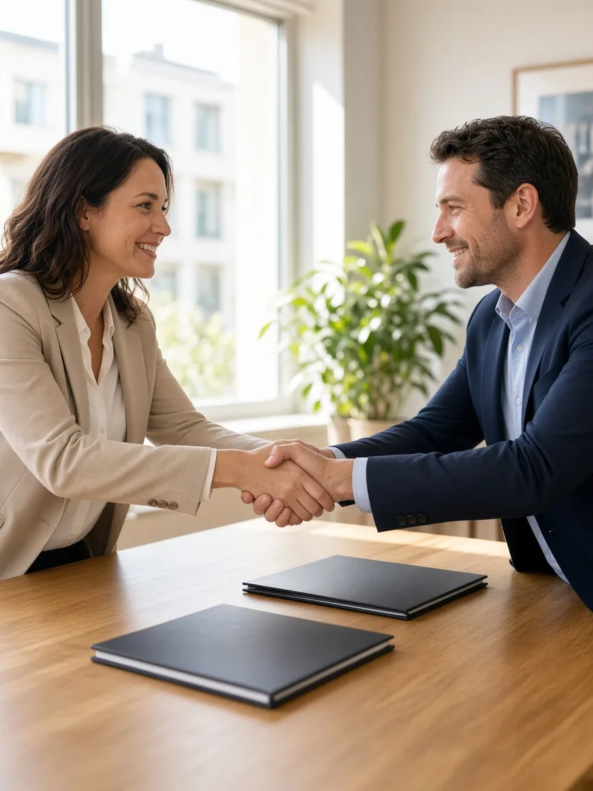 Two colleagues shake hands across a sunny office table with blank folders.
