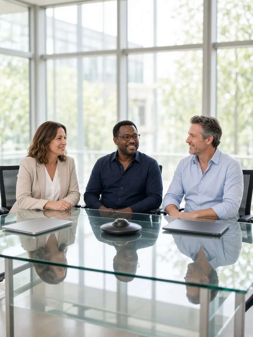 Three colleagues sit at a sunlit glass table with closed laptops and a conference speaker.