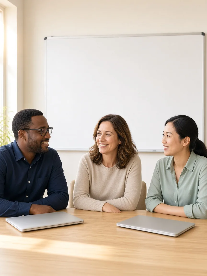 Three adults sit at a sunny classroom table with closed laptops and a blank whiteboard behind them.