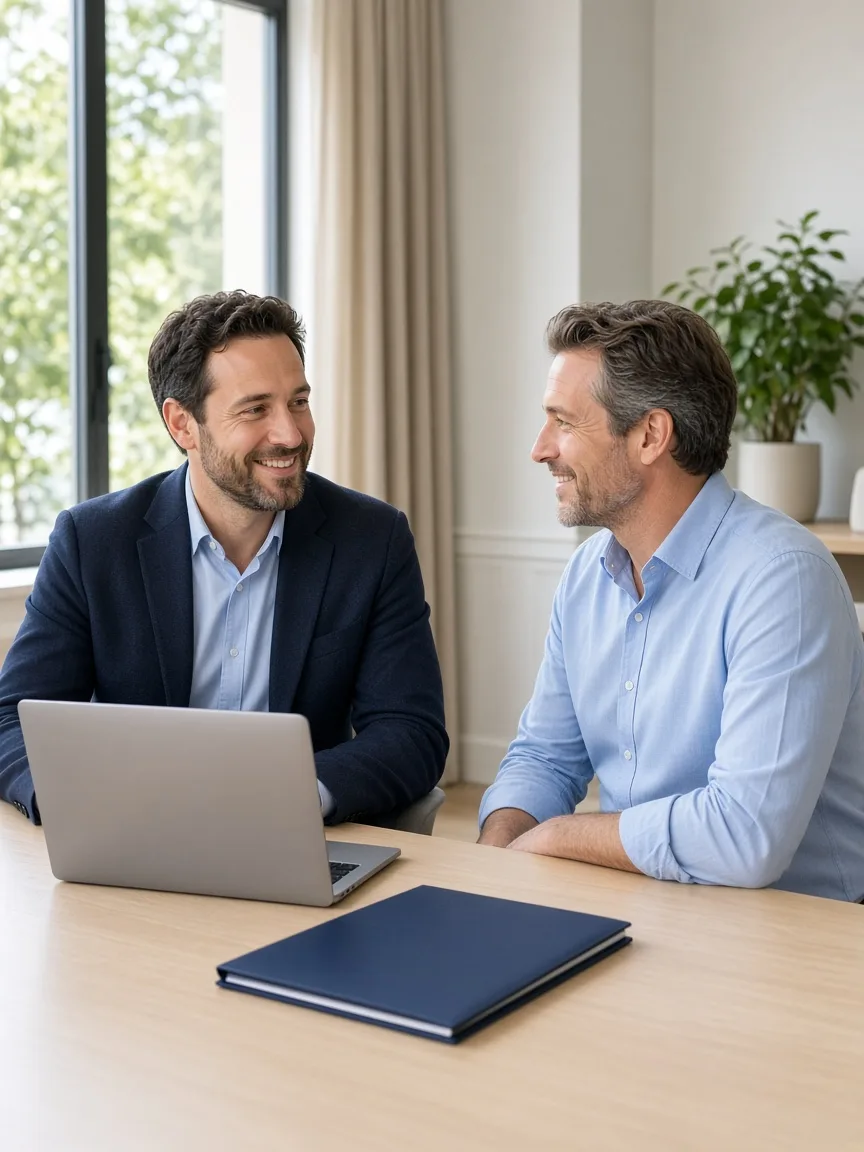 A wealth advisor and a client talk at a sunny table with a laptop facing away and a closed navy folder.