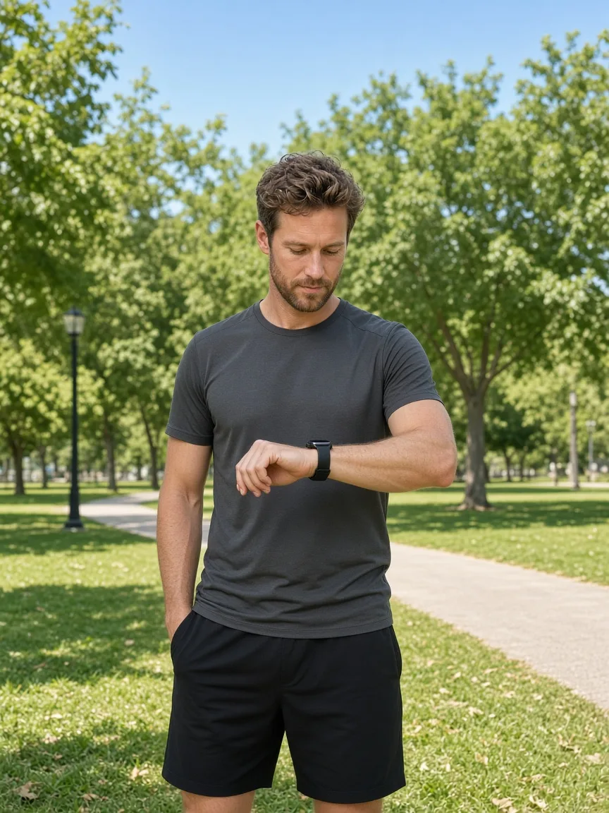 An adult in a sunny park checks a plain smartwatch with a blank dark screen.