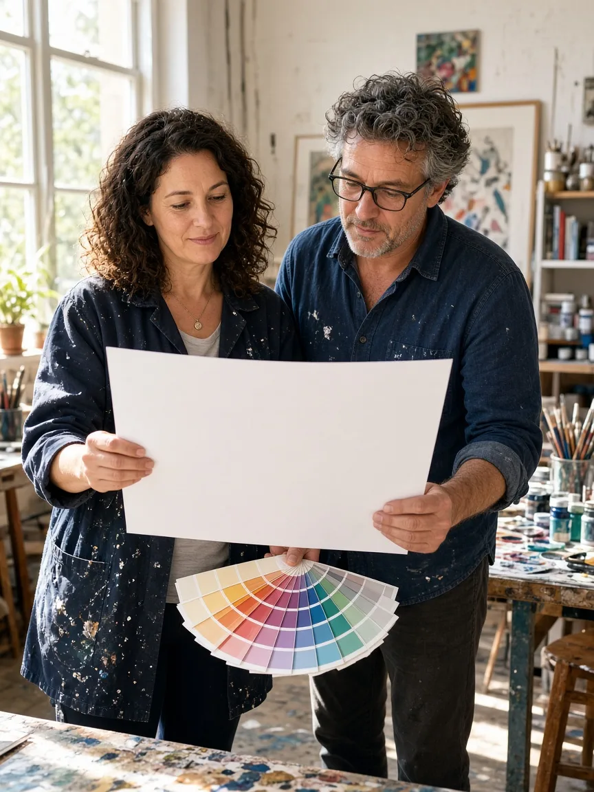 Two adults in a sunny art studio review a blank page and color swatches.